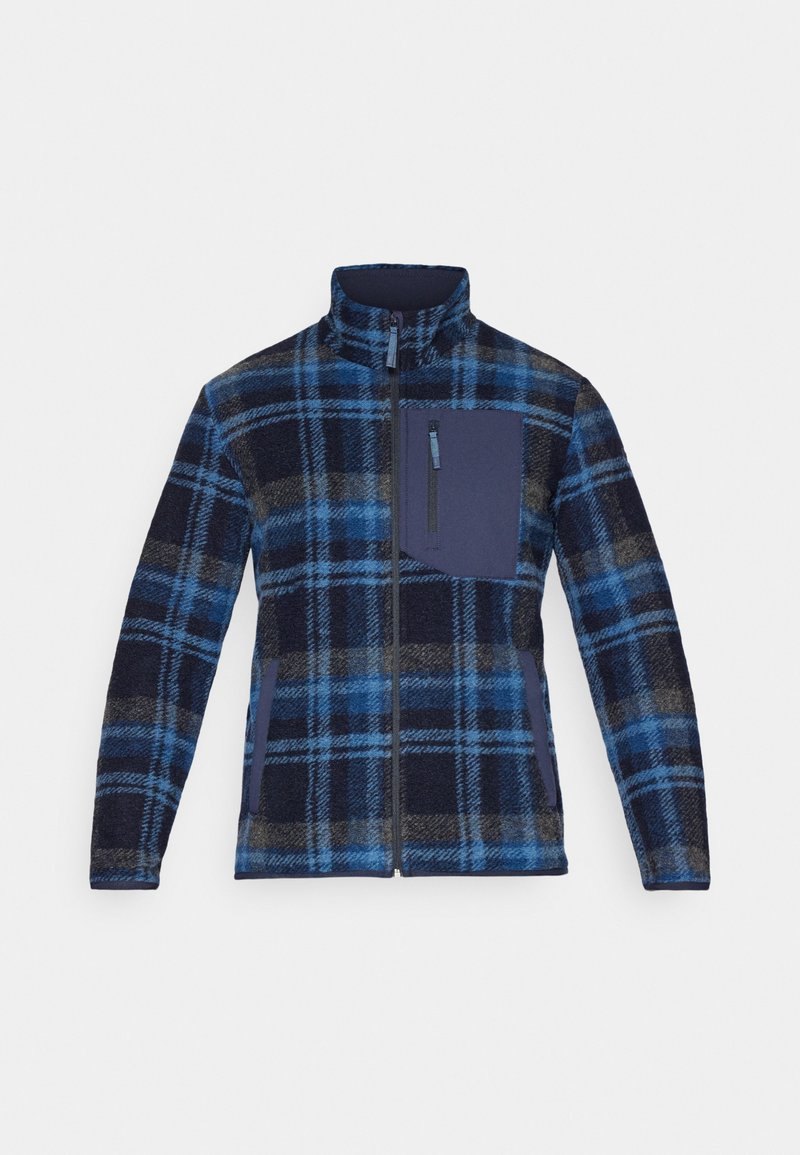 Fleecejacke mit blauem und marinefarbenem Karomuster, durchgehendem Reißverschluss, hohem Kragen und einer Brusttasche mit marinefarbenem Akzentstoff.