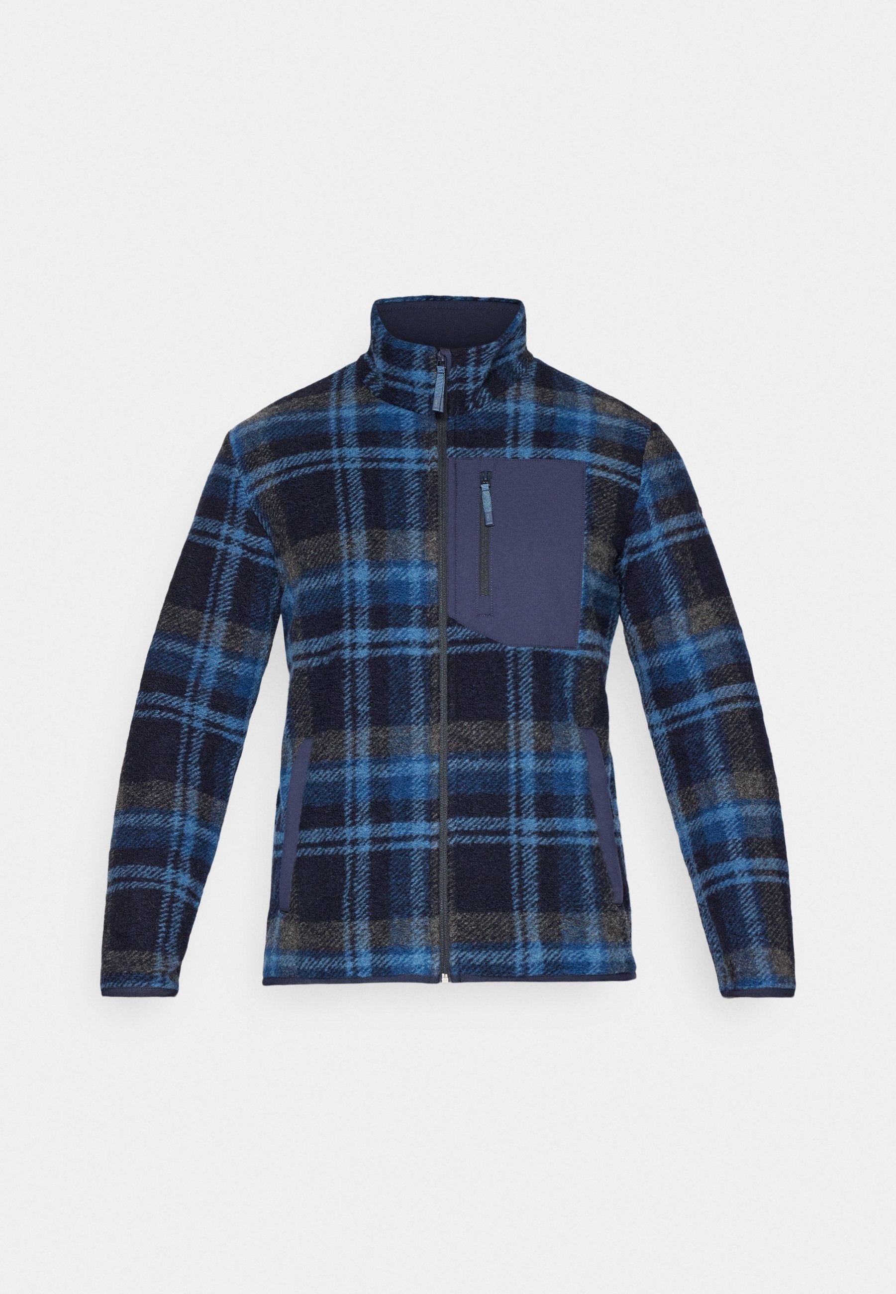 Fleecejacke mit blauem und marinefarbenem Karomuster, durchgehendem Reißverschluss, hohem Kragen und einer Brusttasche mit marinefarbenem Akzentstoff.