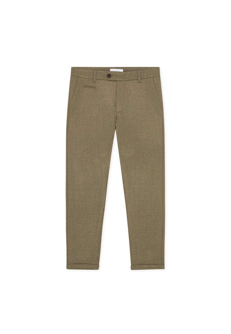 Olivegrüne, maßgeschneiderte Hose aus strukturiertem Stoff. Mit Knopfverschluss, zwei Fronttaschen und schmal zulaufenden Beinen.