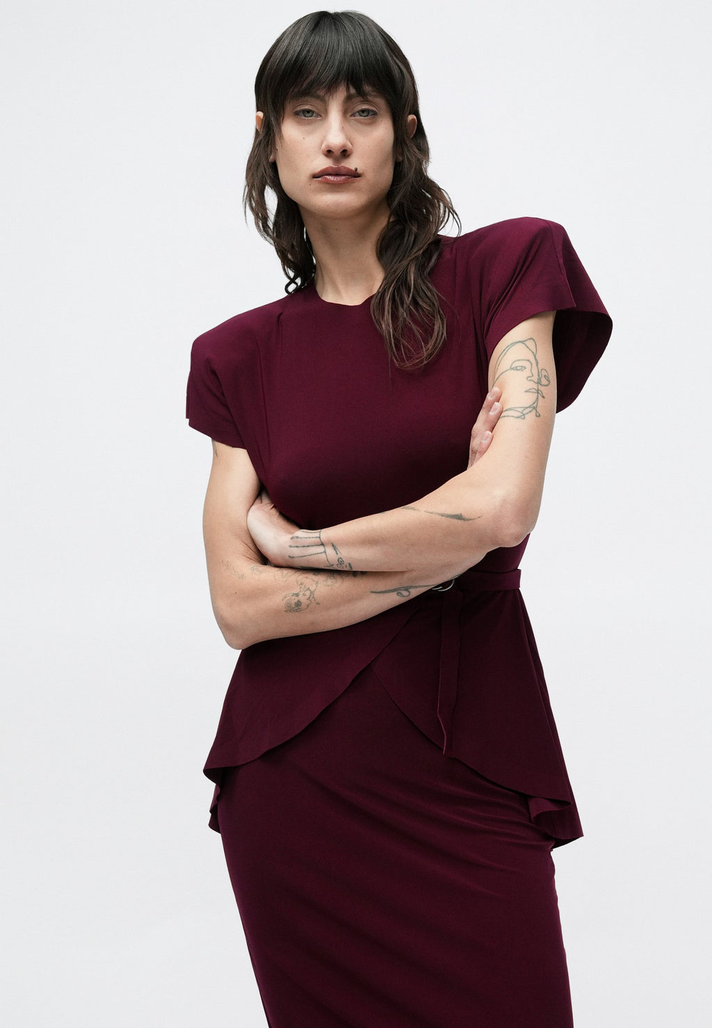 Norma Kamali SLEEVE SHOULDER PAD PEPLUM DRESS TO MIDCALF