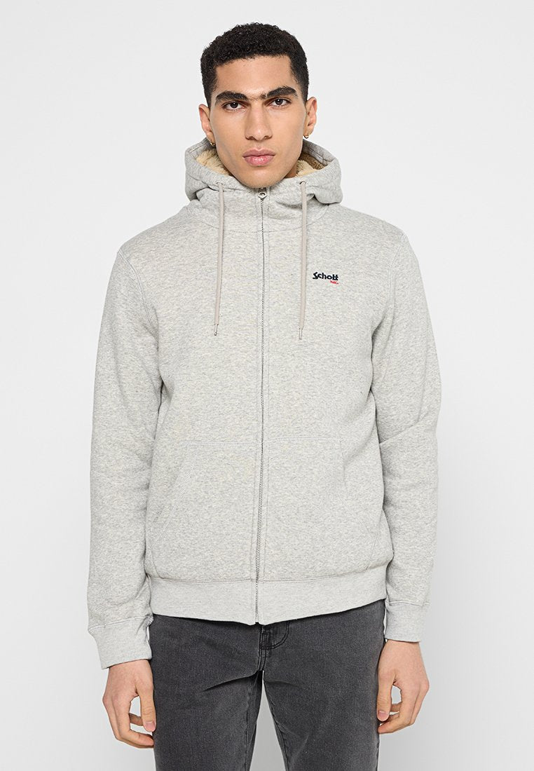 Hellgraue Zip-Hoodie aus Baumwollmischung, mit einer Fronttasche, verstellbaren Kordeln und einem kleinen Logo auf der Brust.