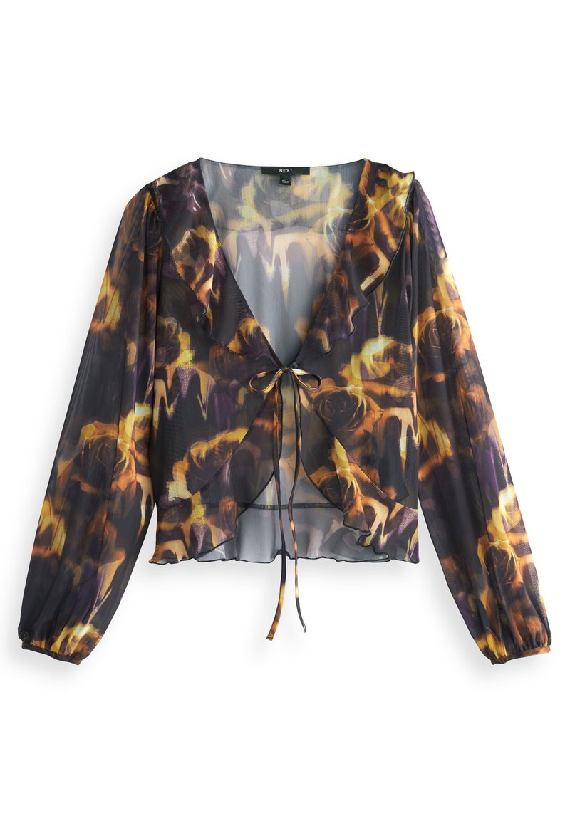 Durchsichtige Bluse mit floralem Muster in Violett-, Gelb- und Schwarztönen. Mit tiefem V-Ausschnitt, gerafften Kanten und Puffärmeln. Vorn gebunden.