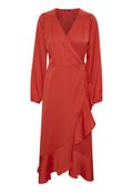 Rotes Wickelkleid mit langen Ärmeln, V-Ausschnitt und Rüschensaum. Hergestellt aus glattem Stoff, mit einer seitlichen Bindung.
