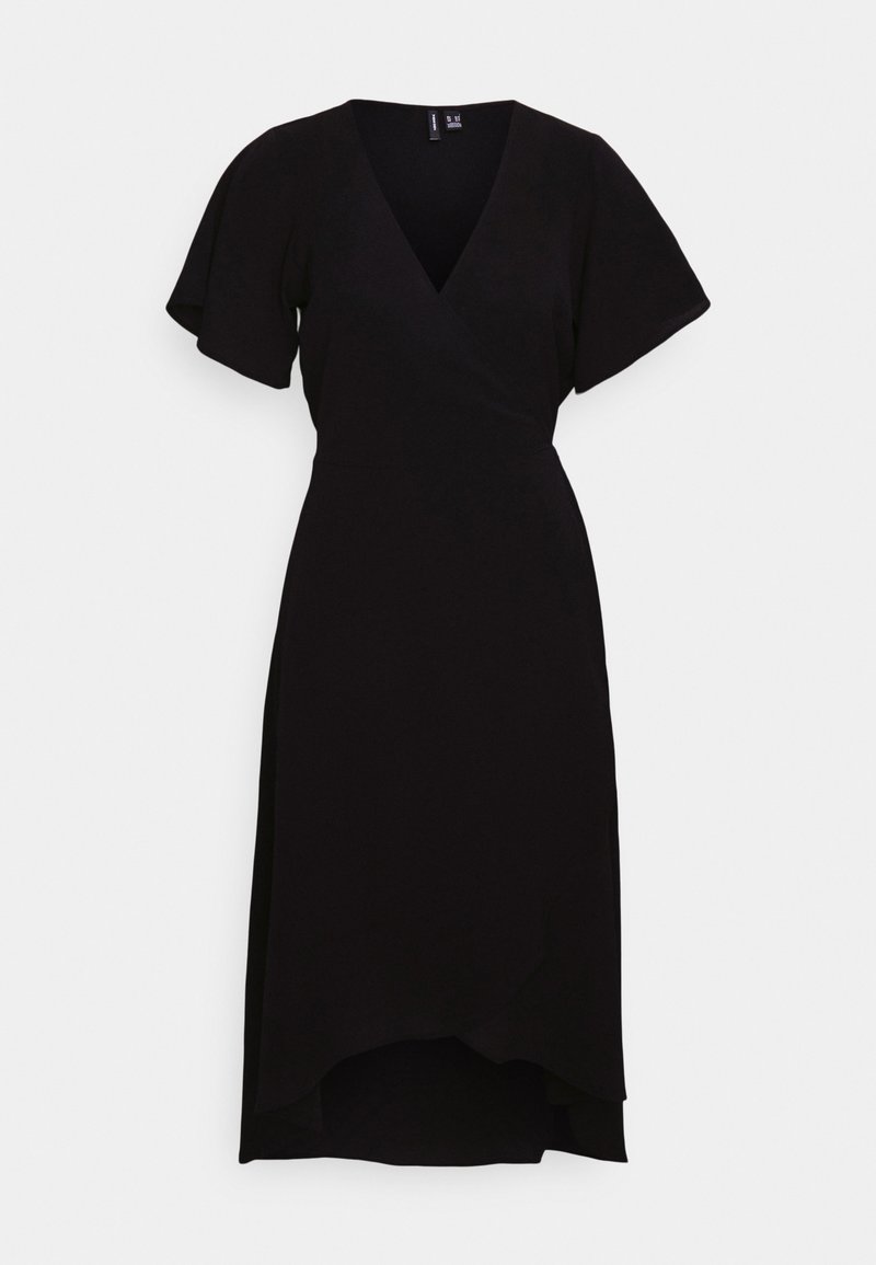 Schwarzes Wickelkleid mit V-Ausschnitt, flatternden Kurzärmeln, asymmetrischem Saum und glatter Textur. Keine Muster oder Akzente sichtbar.
