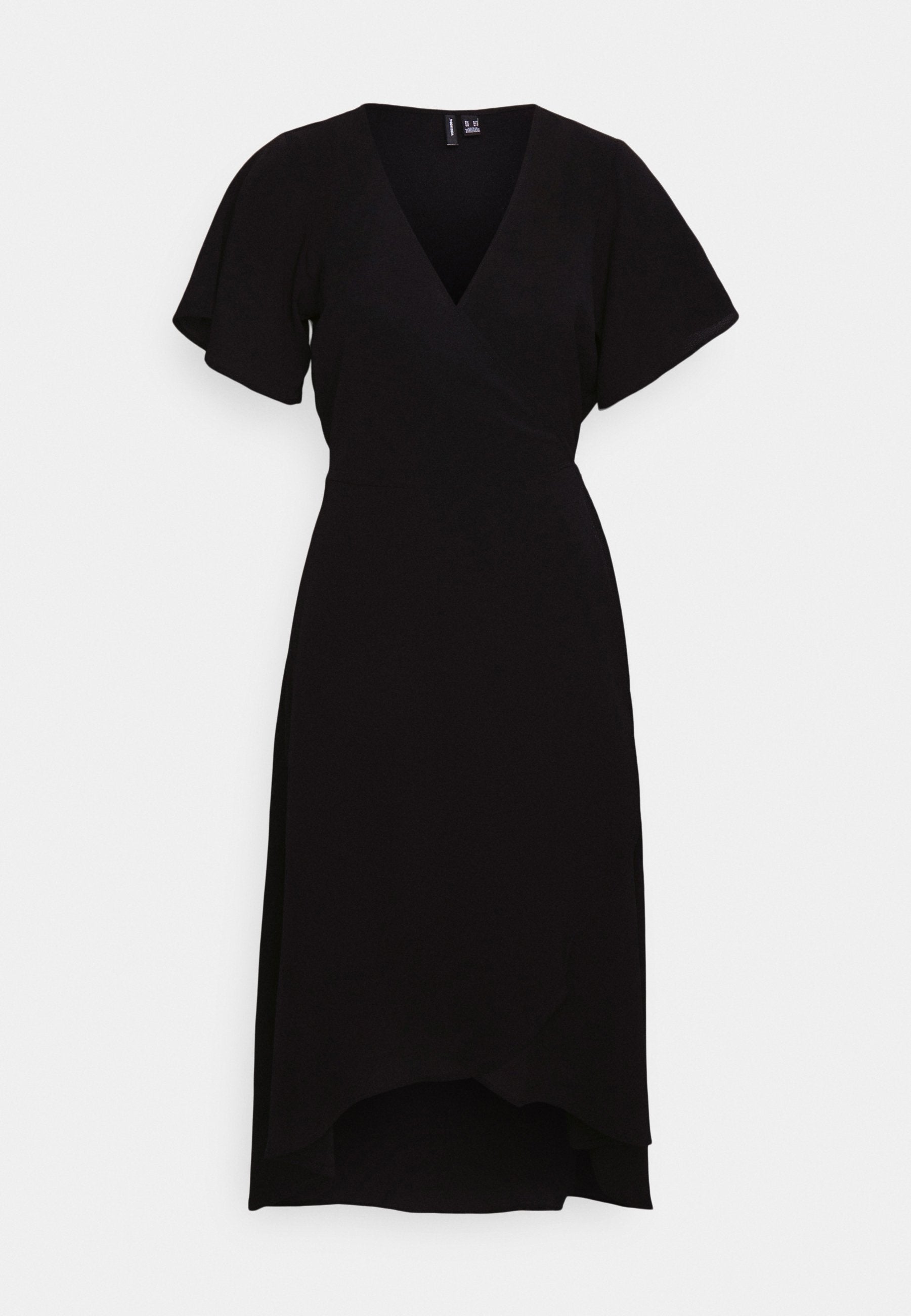 Schwarzes Wickelkleid mit V-Ausschnitt, flatternden Kurzärmeln, asymmetrischem Saum und glatter Textur. Keine Muster oder Akzente sichtbar.