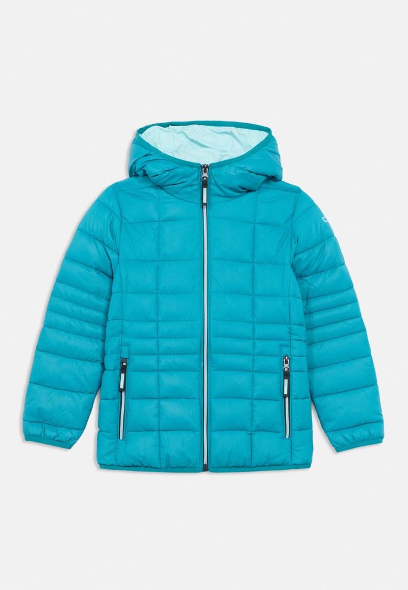 Tealfarbene Steppjacke mit Kapuze, mit gesteppter Musterung und zwei seitlichen Reißverschlusstaschen, aus glattem, leichtem Stoff gefertigt.