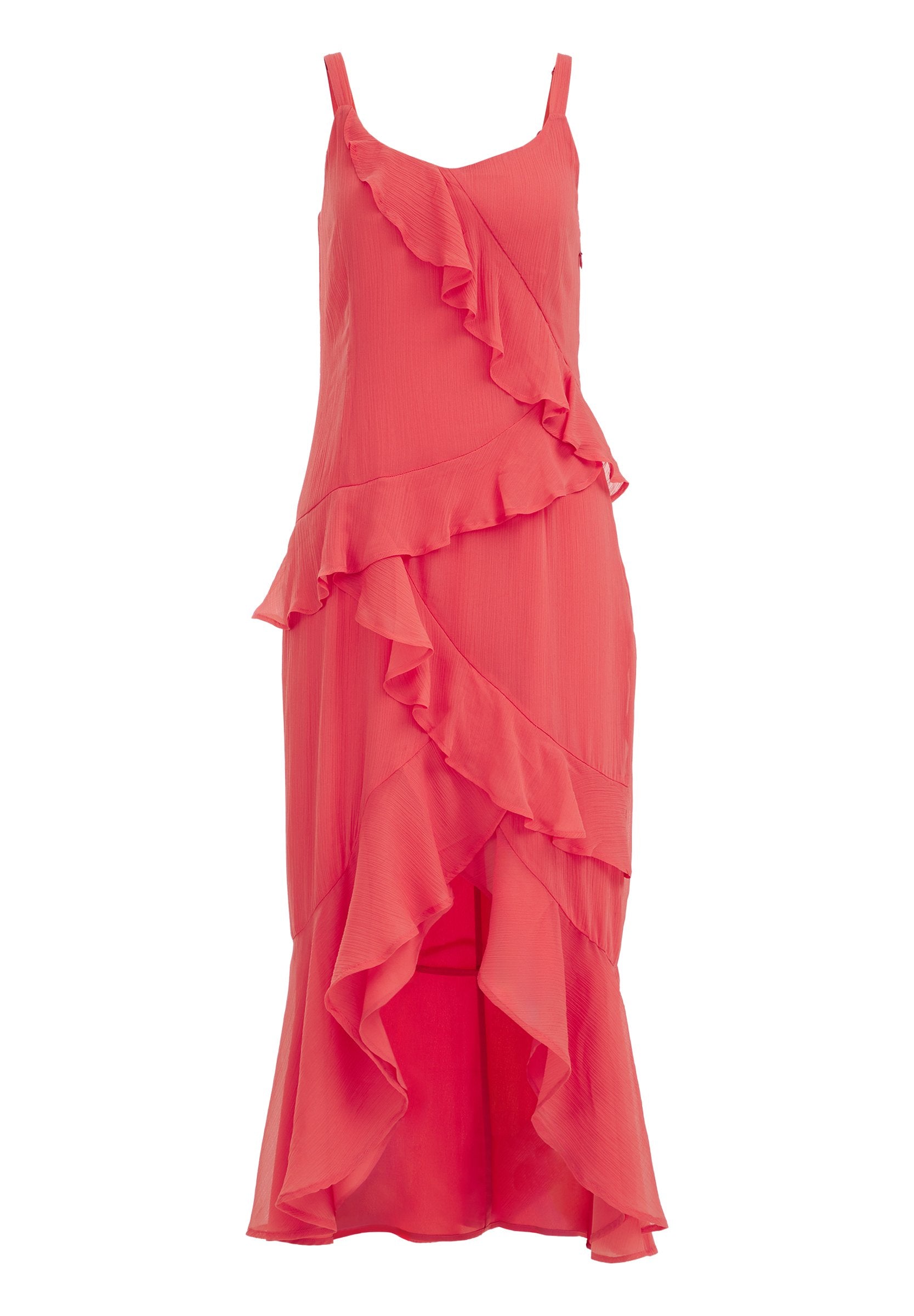 Korallfarbendes, ärmelloses Kleid mit fließendem Design, das aus geschichteten Rüschen und einem hohen-vorne-niedrigen-hinten Saum besteht. Aus leichtem Stoff gefertigt.