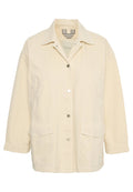 Hellbeige Jacke aus Baumwolle mit durchgehender Knopfleiste, Kentkragen, zwei Vorderseiten-Taschen und lockerer Passform. Verfügt über Metall-Druckknöpfe.
