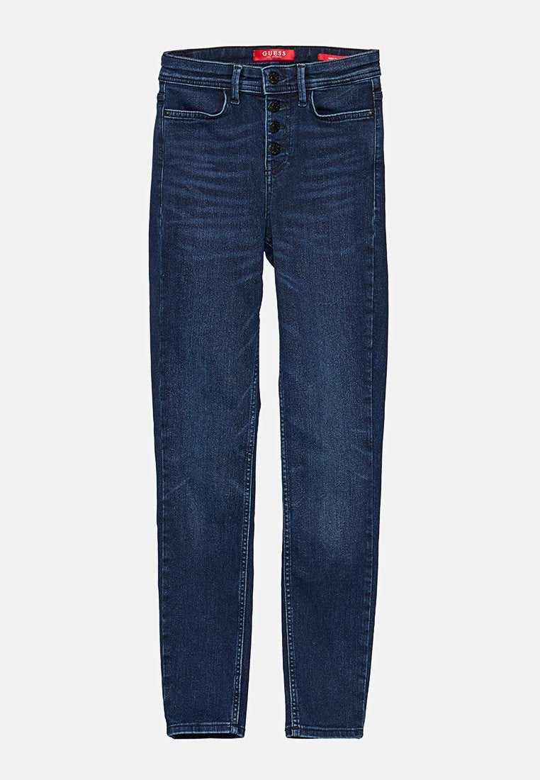 Dunkelblaue Denim-Jeans mit slim-fit-Schnitt. Verfügt über einen Knopfverschluss, fünf Taschen und dezente Verblassungsmuster auf dem Stoff.