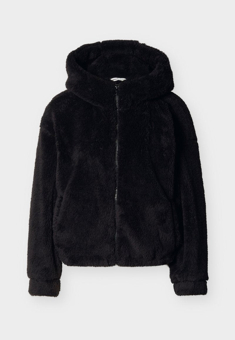 Schwarze, flauschige Kapuzenjacke mit Frontreißverschluss und langen Ärmeln, ausgestattet mit einer weichen, plüschigen Textur und Seitentaschen.