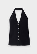Schwarzes, geripptes Halterneck-Top mit tiefem V-Ausschnitt und sechs Knöpfen in verschiedenen Farben an der Vorderseite. Glatte Textur, figurbetontes Design.