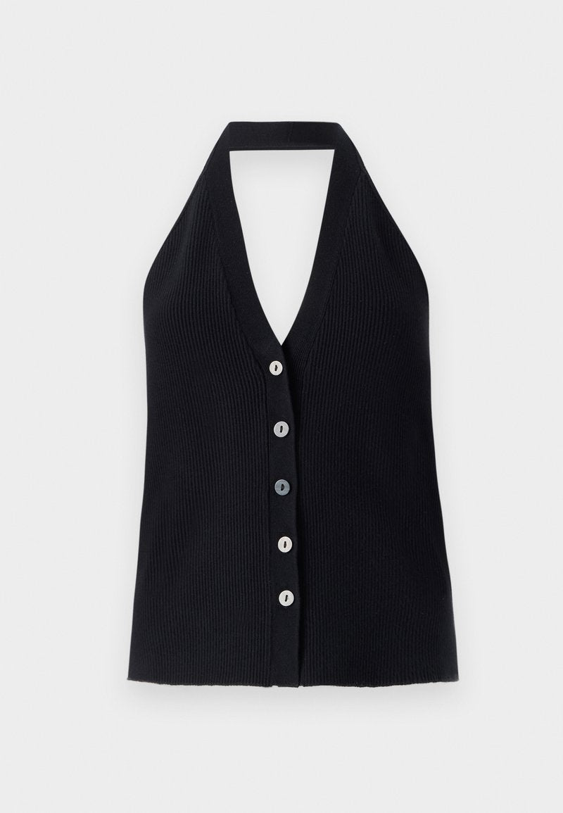 Schwarzes, geripptes Halterneck-Top mit tiefem V-Ausschnitt und sechs Knöpfen in verschiedenen Farben an der Vorderseite. Glatte Textur, figurbetontes Design.