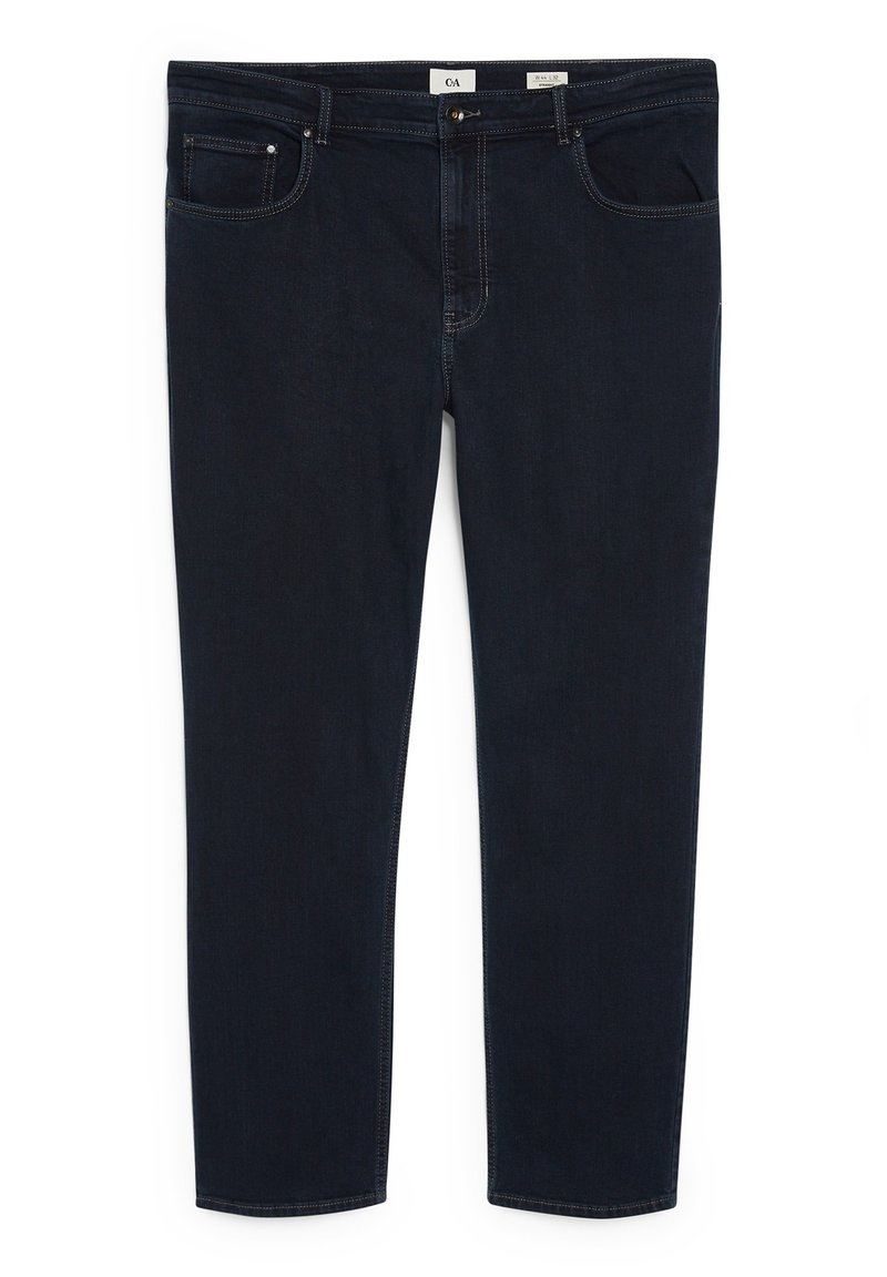 Dunkelblaue Jeans aus Denim mit normaler Passform, Fünf-Taschen-Design und kontrastierenden Nähten. Mit Reißverschluss und Metallknopfverschluss.