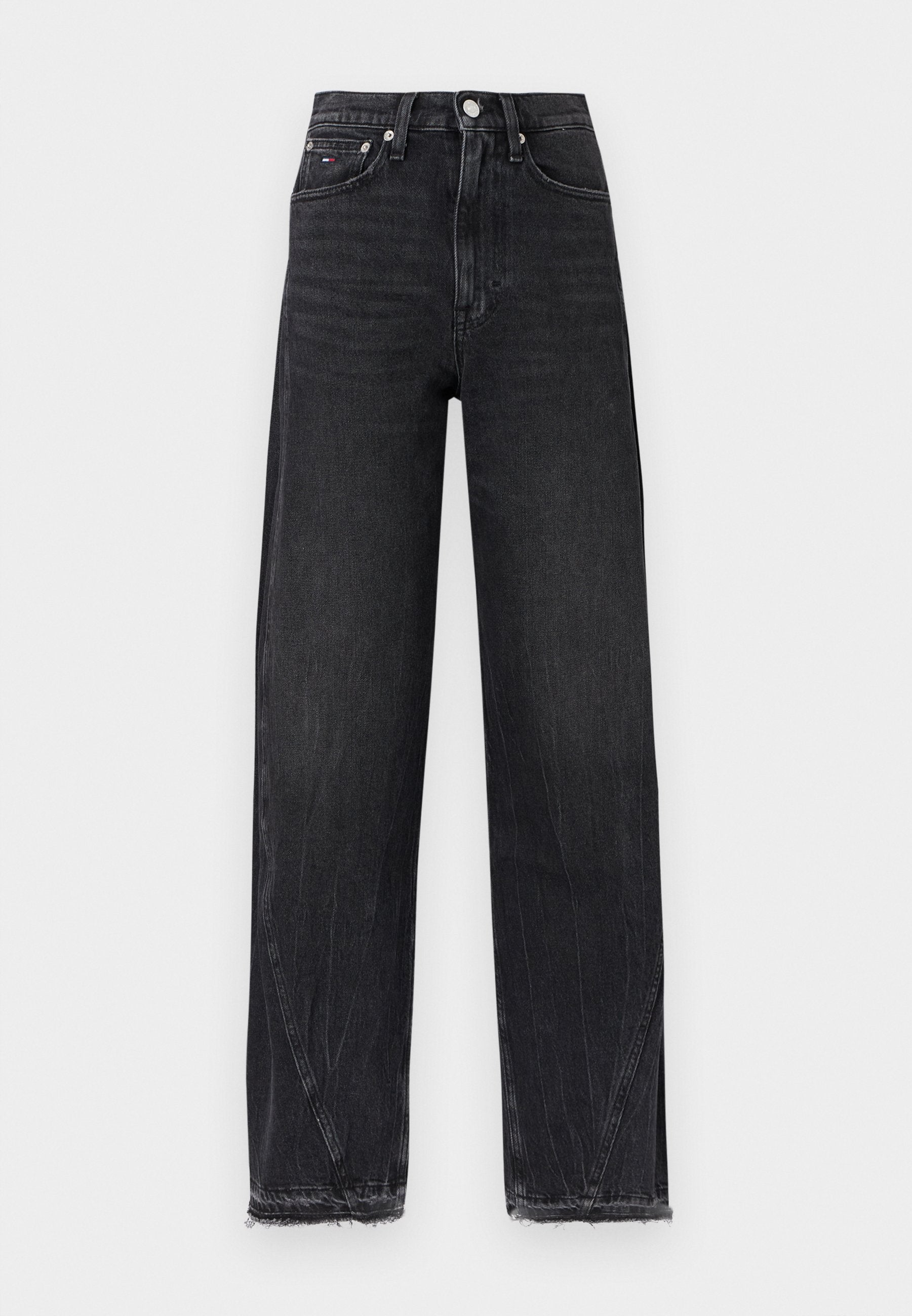 Schwarze, hoch taillierte Jeans mit geradem Bein, fünf Taschen, Knopfverschluss und rohen Saumdetails.