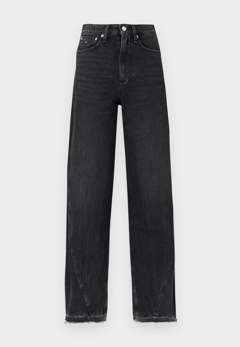 Schwarze, hoch taillierte Jeans mit geradem Bein, fünf Taschen, Knopfverschluss und rohen Saumdetails.