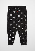 Schwarze Jogginghosen mit weißem "HUG"-Text und Herzmustern, ausgestattet mit einem Kordelzugbund und gerippten Bündchen für einen figurbetonten Look.