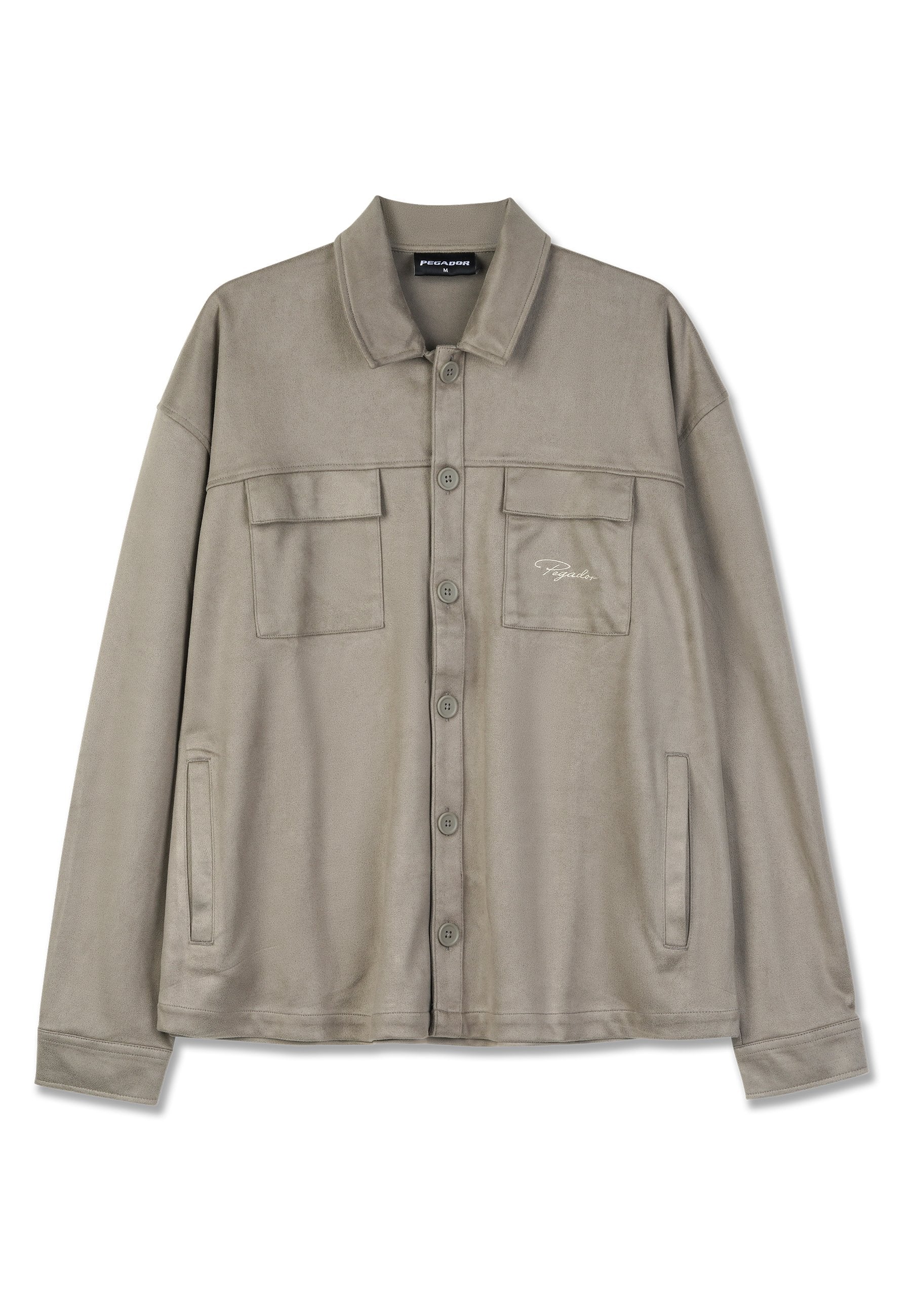 Hellgraues Button-Up-Hemd-Jackett aus glattem Stoff, mit zwei Brusttaschen, gesticktem Logo und entspannter Passform.
