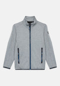 Graue Zip-Jacke mit hohem Kragen, zwei vorderen Reißverschlusstaschen mit blauen Akzenten und kontrastierenden Nähten entlang der Nähte.