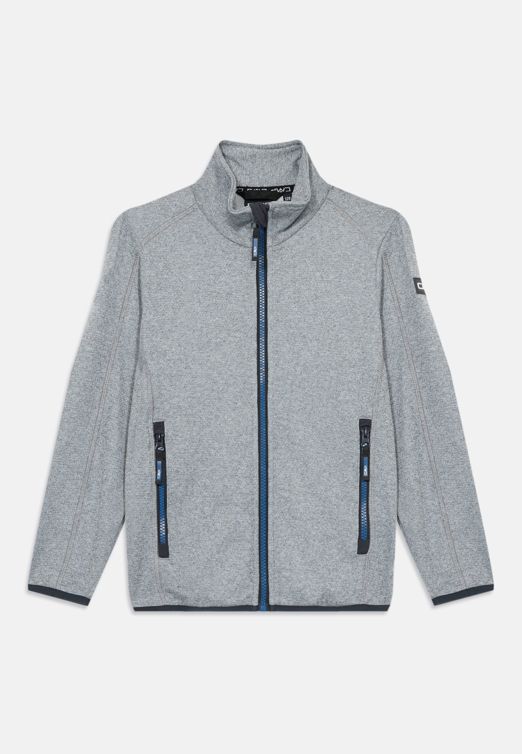 Graue Zip-Jacke mit hohem Kragen, zwei vorderen Reißverschlusstaschen mit blauen Akzenten und kontrastierenden Nähten entlang der Nähte.