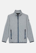 Graue Zip-Jacke mit hohem Kragen, zwei vorderen Reißverschlusstaschen mit blauen Akzenten und kontrastierenden Nähten entlang der Nähte.