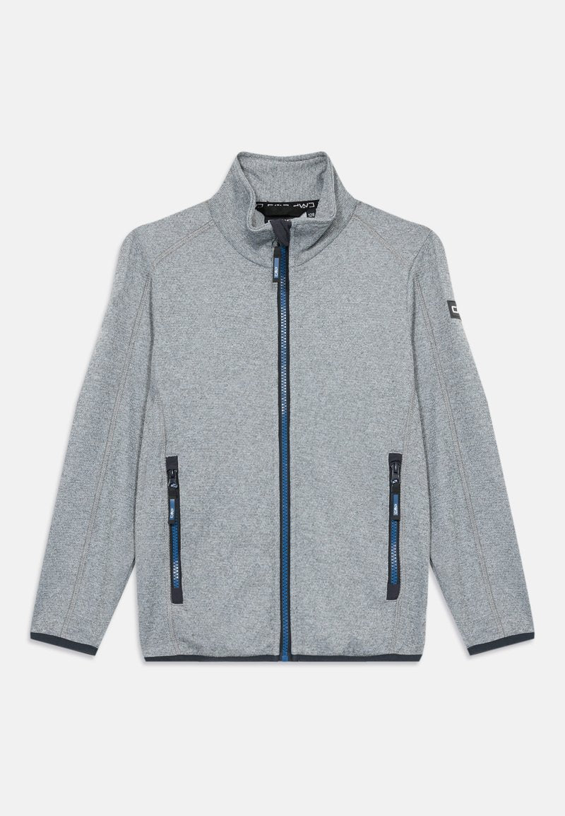 Graue Zip-Jacke mit hohem Kragen, zwei vorderen Reißverschlusstaschen mit blauen Akzenten und kontrastierenden Nähten entlang der Nähte.
