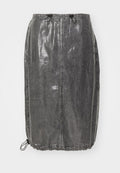 Schwarz, strukturierter Midi-Rock mit einem Gittermuster, Kordelzugbund und transparentem Material mit leichtem Glanz. Lässiges Design mit Seitennähten.