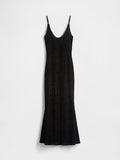Schwarzes ärmelloses Kleid mit Leopardmuster, ausgestelltem Saum und rundem Ausschnitt. Hergestellt aus einem weichen, strukturierten Stoff.