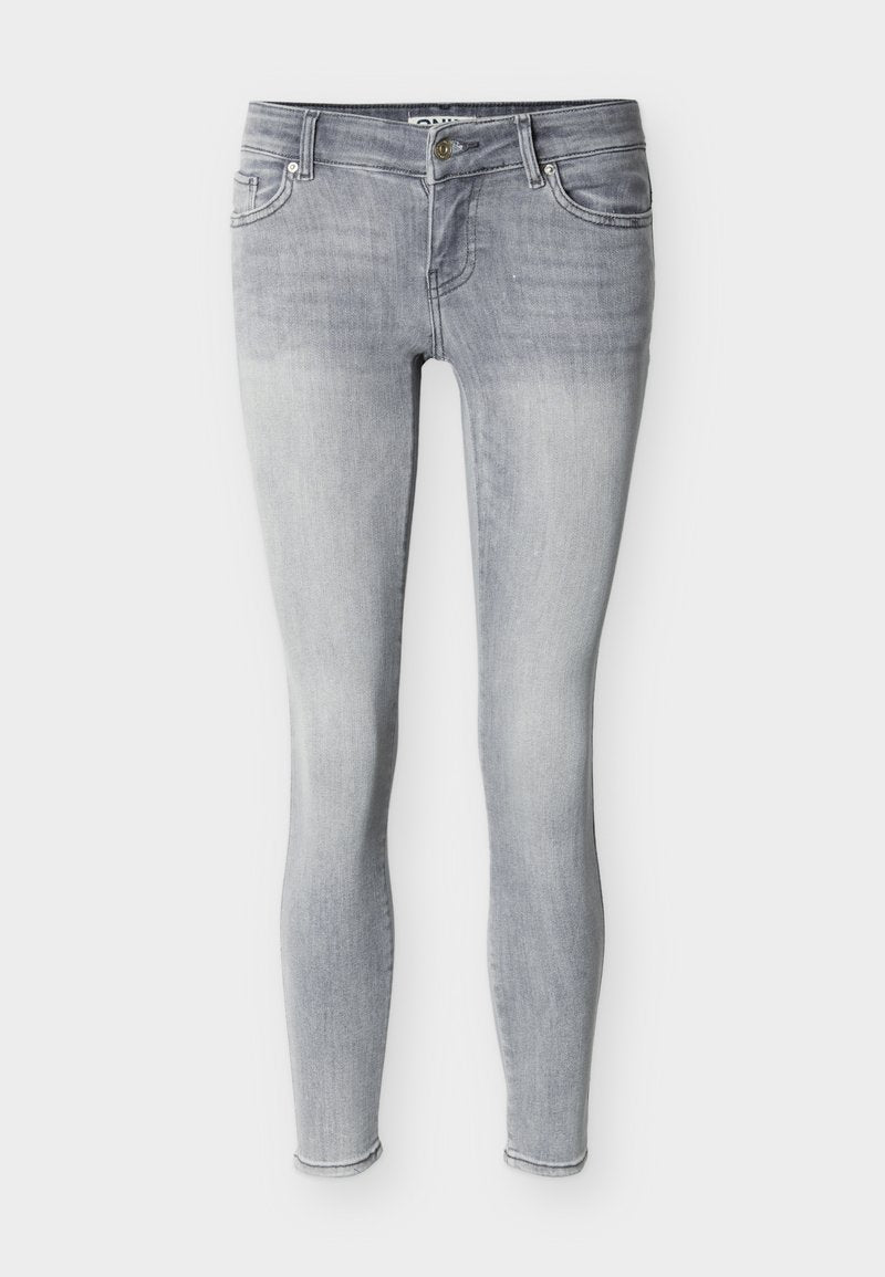 Hellgraue Skinny-Jeans aus Denim mit klassischem Fünf-Taschen-Design, Gürtelschlaufen und Reißverschluss mit silbernem Knopf.