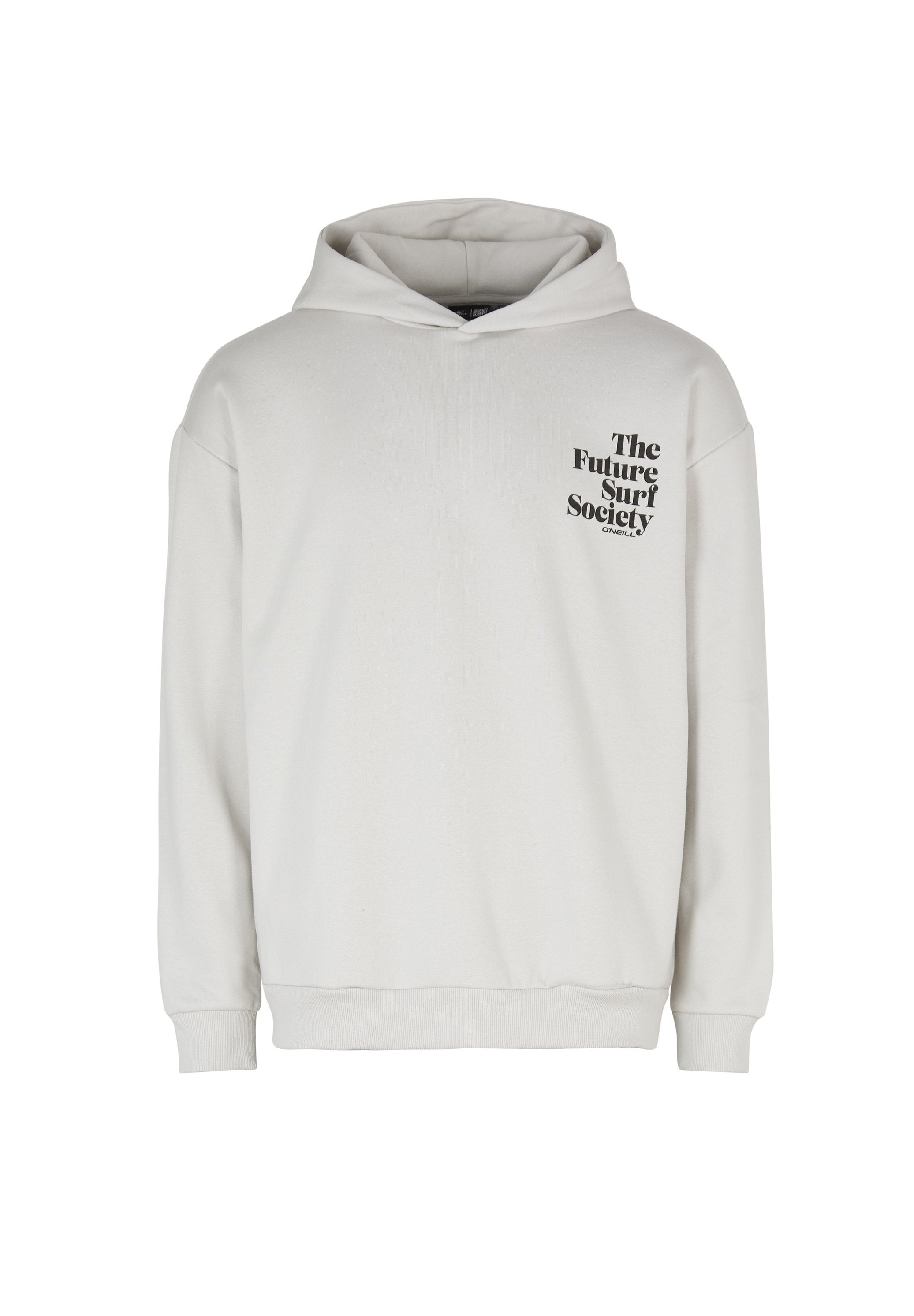 Hellbeige Kapuzenpullover mit dem Frontaufschrift "The Future Surf Society" in Schwarz auf der linken Brustseite, lockere Passform sowie gerippte Bündchen und Saum.