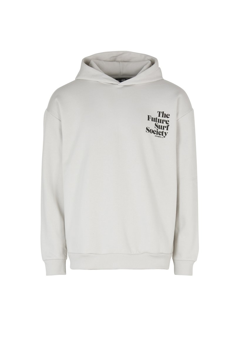 Hellbeige Kapuzenpullover mit dem Frontaufschrift "The Future Surf Society" in Schwarz auf der linken Brustseite, lockere Passform sowie gerippte Bündchen und Saum.