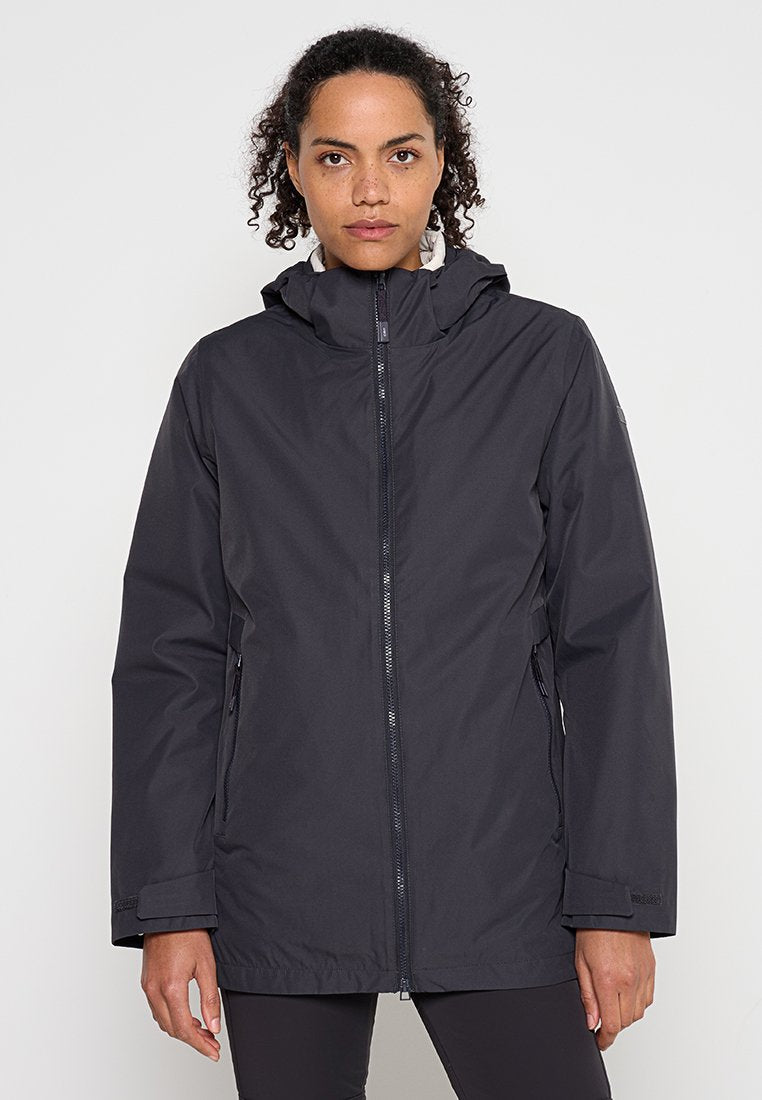 Schwarze wasserdichte Jacke mit Kapuze, durchgehendem Frontreißverschluss und zwei Seitentaschen. Glattes Gewebe mit einfachem Design und ohne sichtbare Muster.