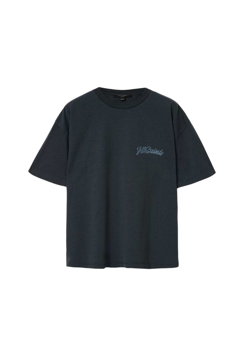 Schwarzes Kurzarm-T-Shirt aus Baumwolle mit rundem Halsausschnitt und kleinem "AllSaints"-Logo auf der linken Brust.