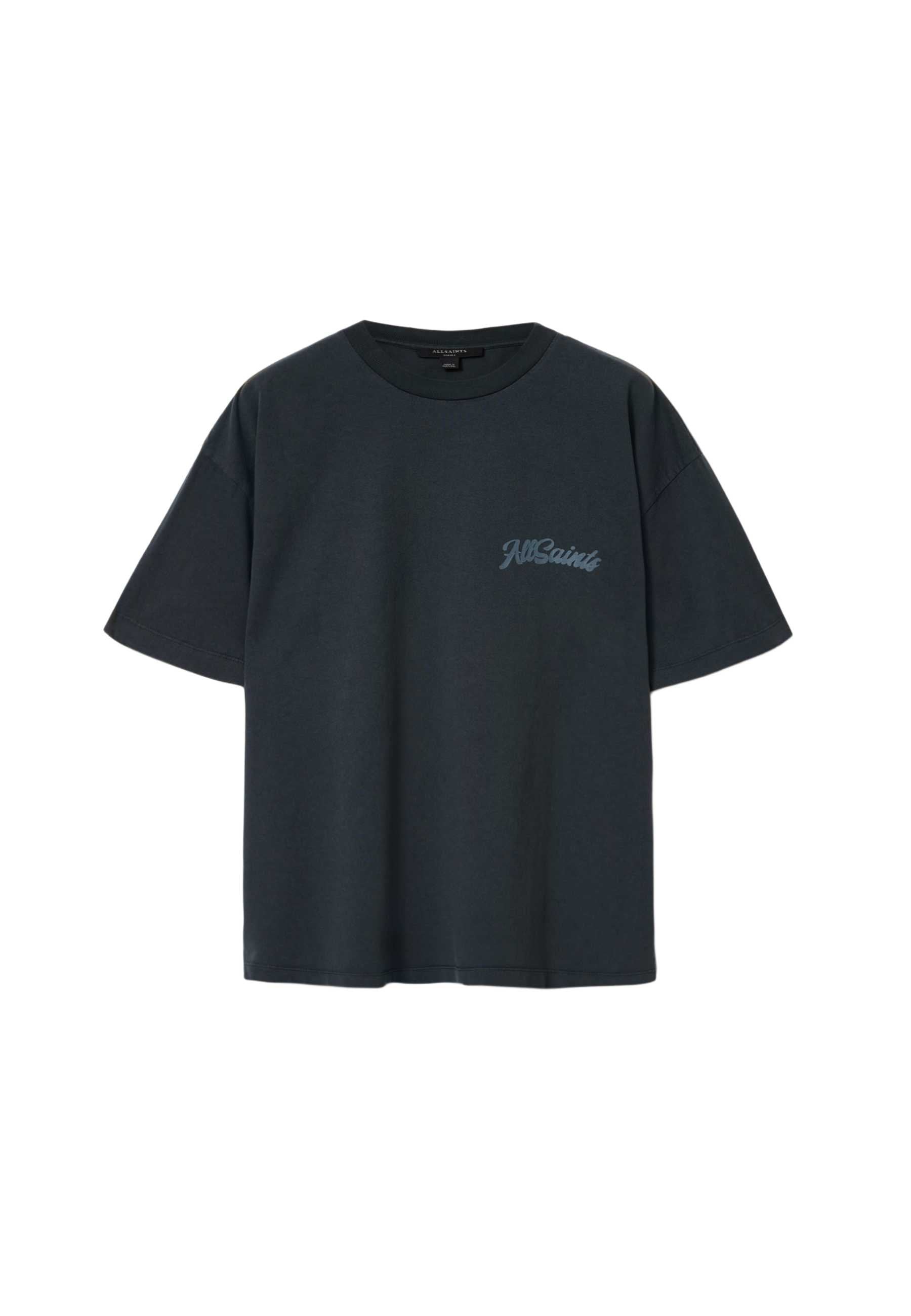 Schwarzes Kurzarm-T-Shirt aus Baumwolle mit rundem Halsausschnitt und kleinem "AllSaints"-Logo auf der linken Brust.