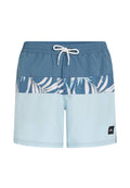 Herren-Badeshorts mit einem blauen oberen Bereich, einem weißen Palmenblattmuster und einem hellblauen unteren Teil, ausgestattet mit elastischem Bund und Kordelzug.