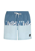 Herren-Badeshorts mit einem blauen oberen Bereich, einem weißen Palmenblattmuster und einem hellblauen unteren Teil, ausgestattet mit elastischem Bund und Kordelzug.