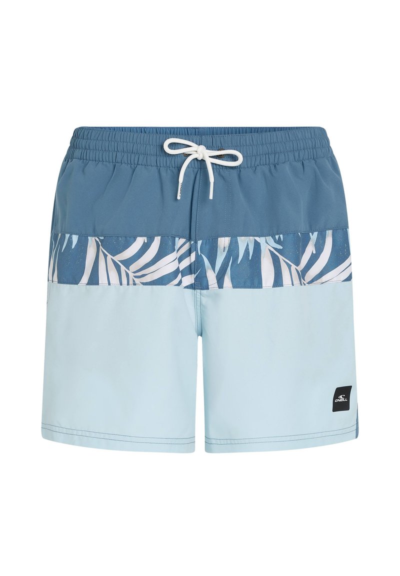 Herren-Badeshorts mit einem blauen oberen Bereich, einem weißen Palmenblattmuster und einem hellblauen unteren Teil, ausgestattet mit elastischem Bund und Kordelzug.