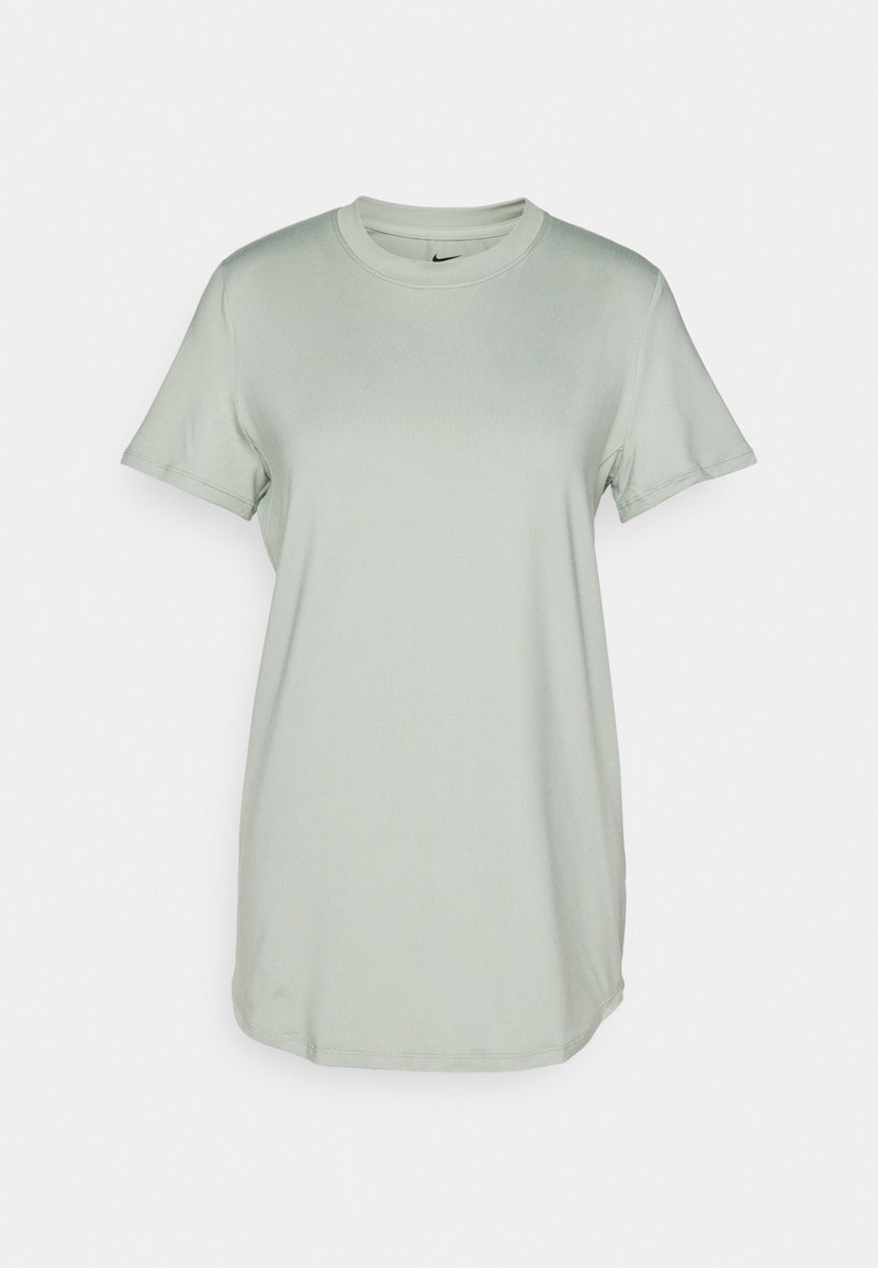 Helles grünes T-Shirt mit kurzen Ärmeln und Rundhalsausschnitt. Weiche Textur, minimalistisches Design mit einem kleinen schwarzen Logo auf der Brust.