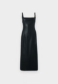 Schwarzes ärmelloses Kleid mit quadratischem Ausschnitt und seitlichem Akzentdetail. Hergestellt aus glattem Stoff, mit fließendem Rock und minimalistischem Design.