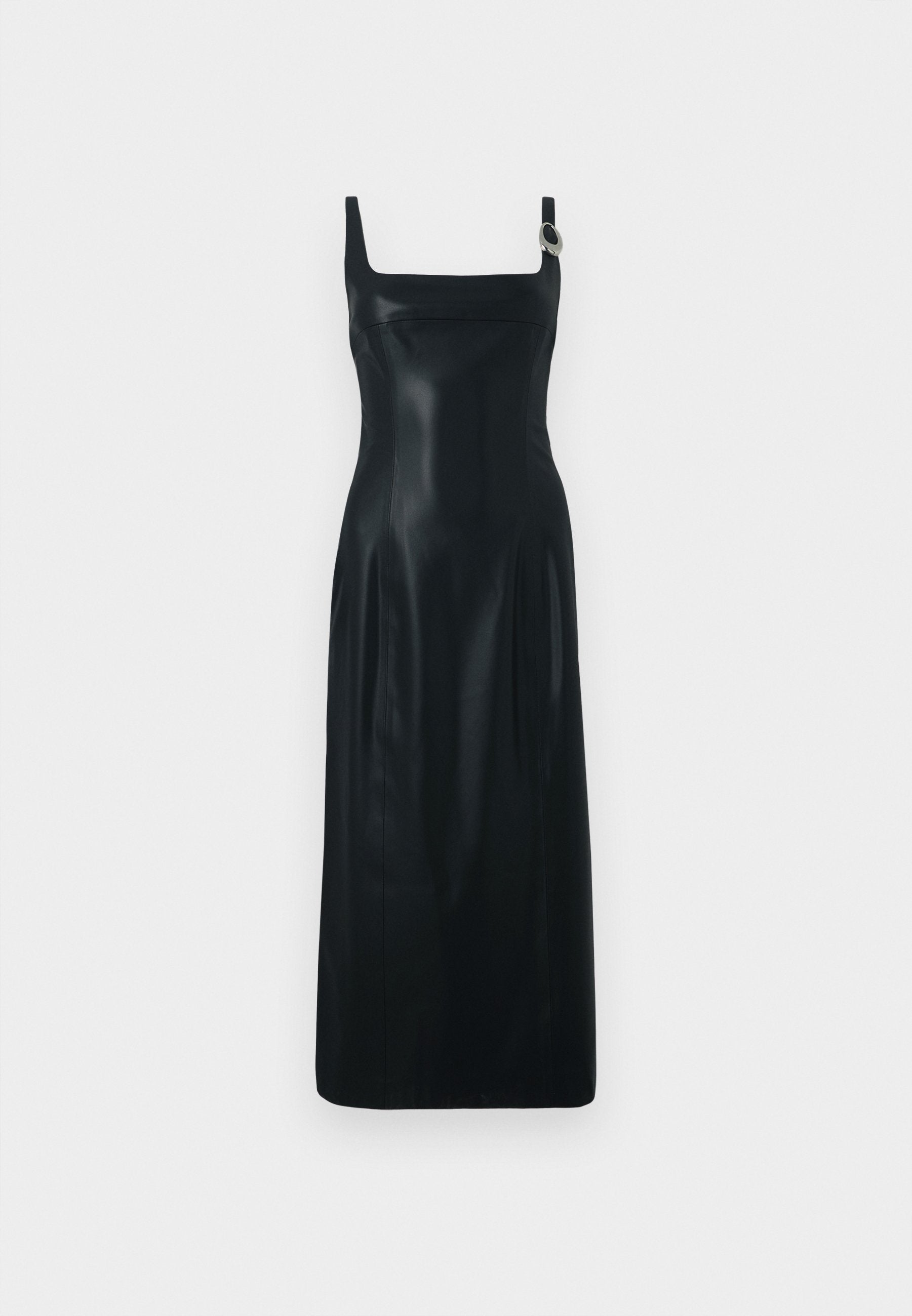 Schwarzes ärmelloses Kleid mit quadratischem Ausschnitt und seitlichem Akzentdetail. Hergestellt aus glattem Stoff, mit fließendem Rock und minimalistischem Design.