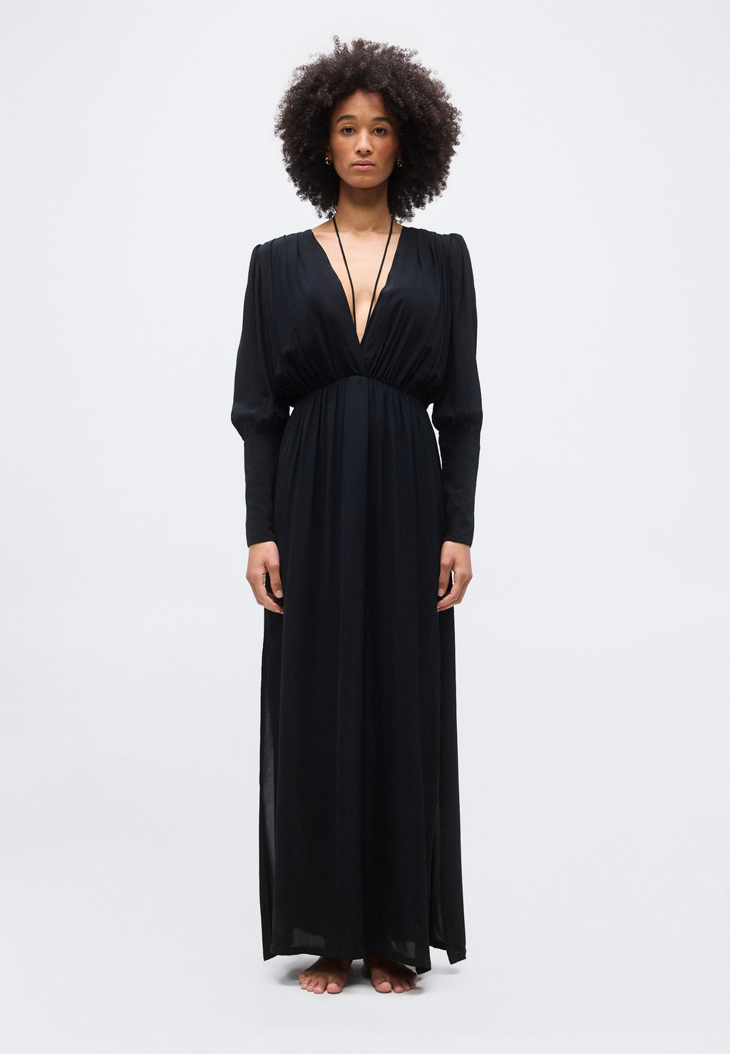 ADRIANA DEGREAS SOLID PLUNGE NECK MAXI DRESS