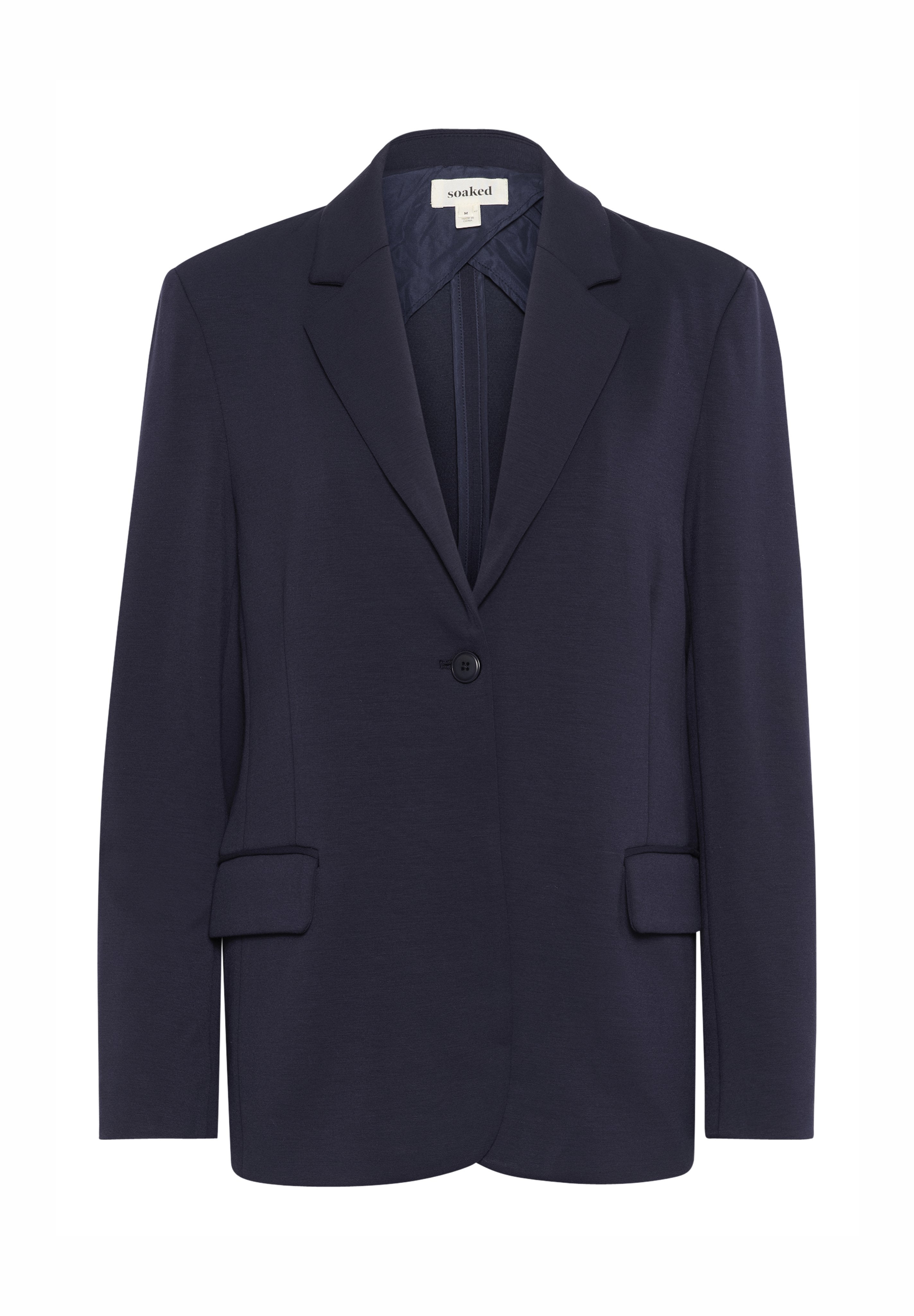 Navyblauer Blazer aus glattem Stoff mit Reverskragen, einem Ein-Knopf-Verschluss und zwei Vorderseiten-Taschen. Hat ein strukturiertes, maßgeschneidertes Design.