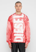 Rotes Sweatshirt mit einem gewaschenen Effekt und einem großen weißen "DIESEL"-Druck. Lange Ärmel, gerippter Halsausschnitt und lockere Passform.