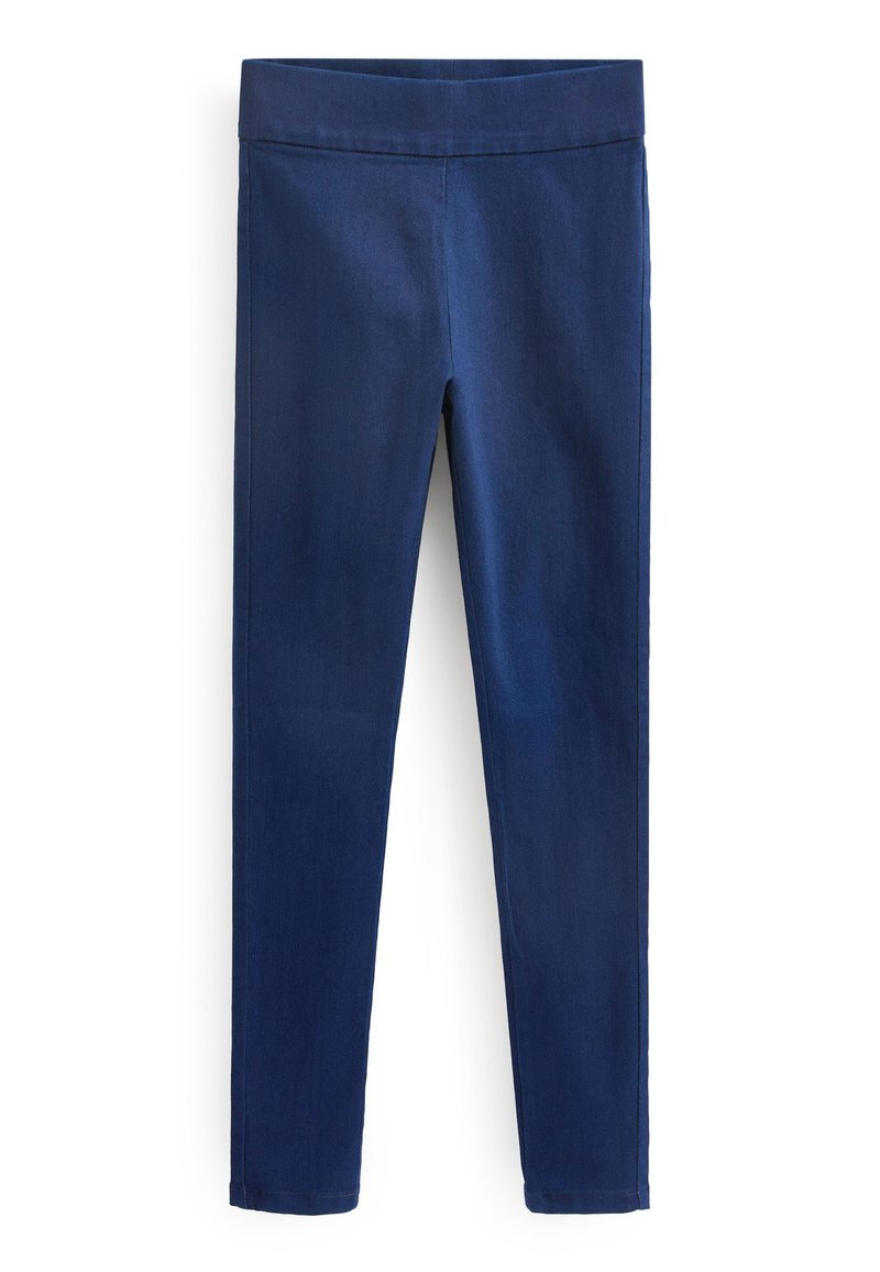 Marineblaue Slim-Fit-Hose mit elastischem Bund, auf einem weißen Hintergrund präsentiert.