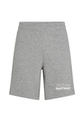Graue Baumwollshorts mit einem elastischen Bund, ausgestattet mit einer Tasche und dem weißen Text "The Future Surf Society" auf dem linken Bein.