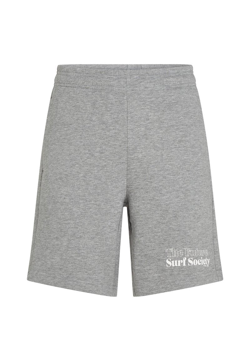 Graue Baumwollshorts mit einem elastischen Bund, ausgestattet mit einer Tasche und dem weißen Text "The Future Surf Society" auf dem linken Bein.
