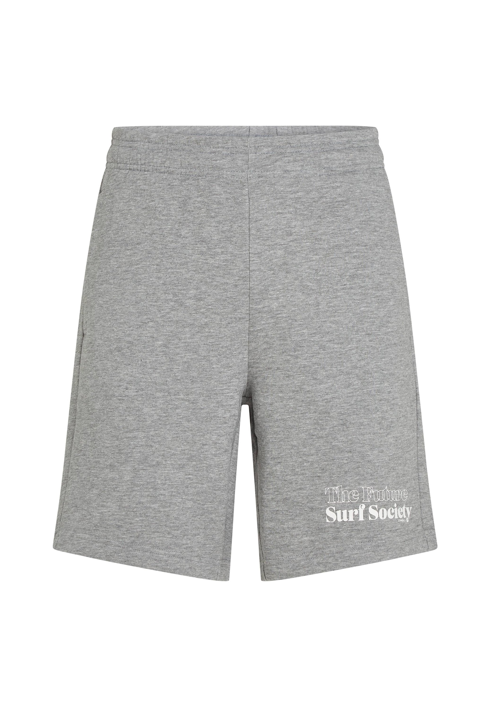 Graue Baumwollshorts mit einem elastischen Bund, ausgestattet mit einer Tasche und dem weißen Text "The Future Surf Society" auf dem linken Bein.