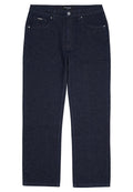 Dunkelblaue Jeans mit geradem Bein, vorne mit Knopfverschluss, Gürtelschlaufen und Fünf-Taschen-Design.
