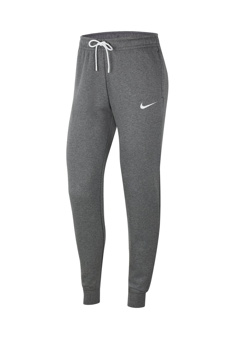 Graue Baumwoll-Jogginghosen mit schmal zulaufendem Bein, elastischem Bund und weißem Kordelzug. Mit kleinem weißem Nike-Logo auf dem linken Oberschenkel.