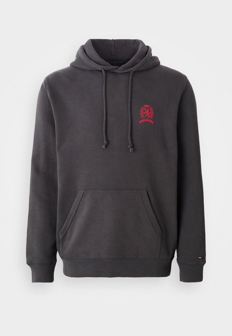 Dunkelgrauer Kapuzenpullover aus Baumwollmischgewebe mit einer Kängurutasche, verstellbarem Zugkordelkapuze und kleinem rotem Logo auf der Brust.