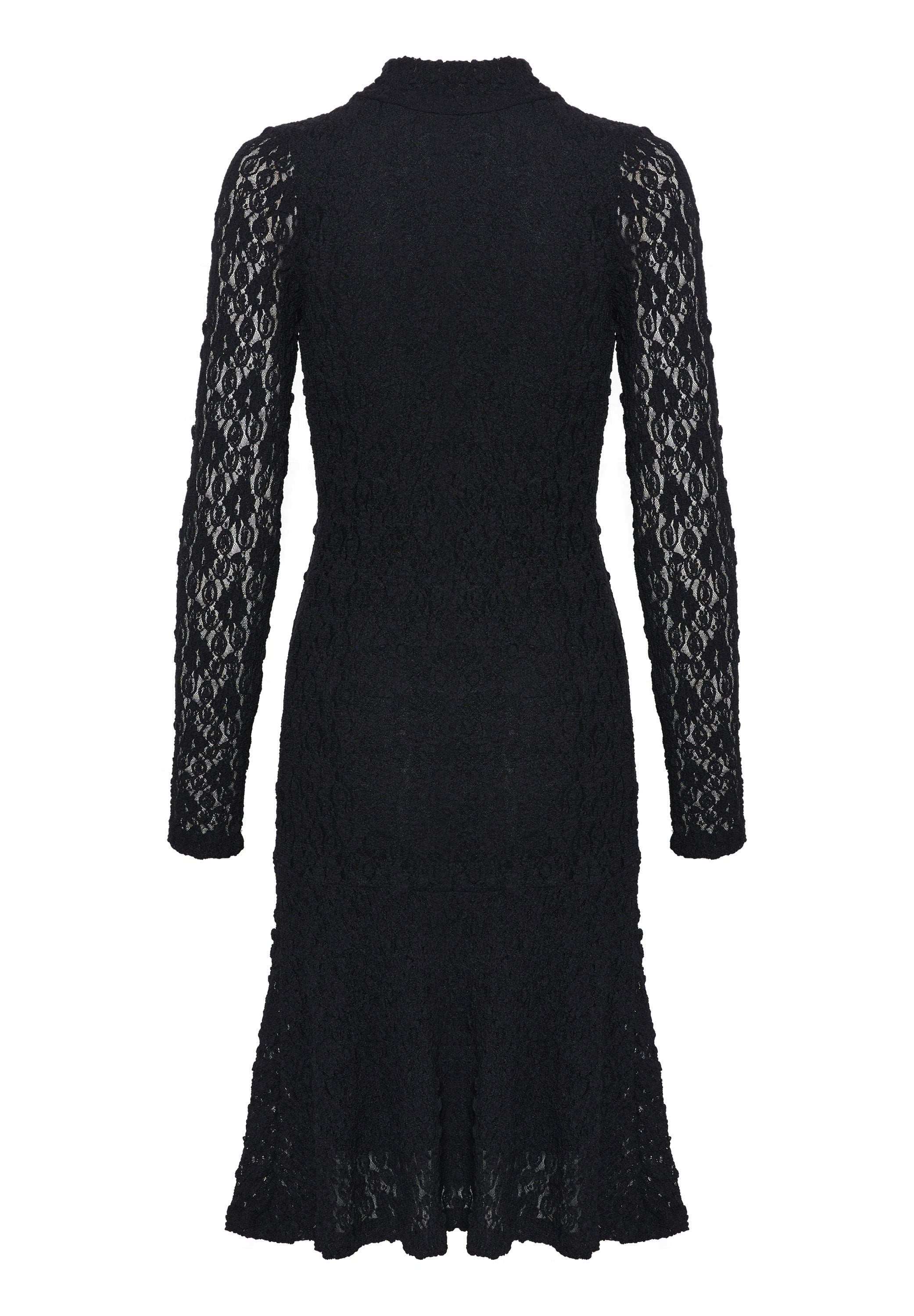 Schwarzes Spitzenkleid mit langen Ärmeln, hohem Kragen, tailliertem Oberteil und ausgestelltem Saum. Verfügt über ein filigranes Spitzenmuster und eine strukturierte Oberfläche.